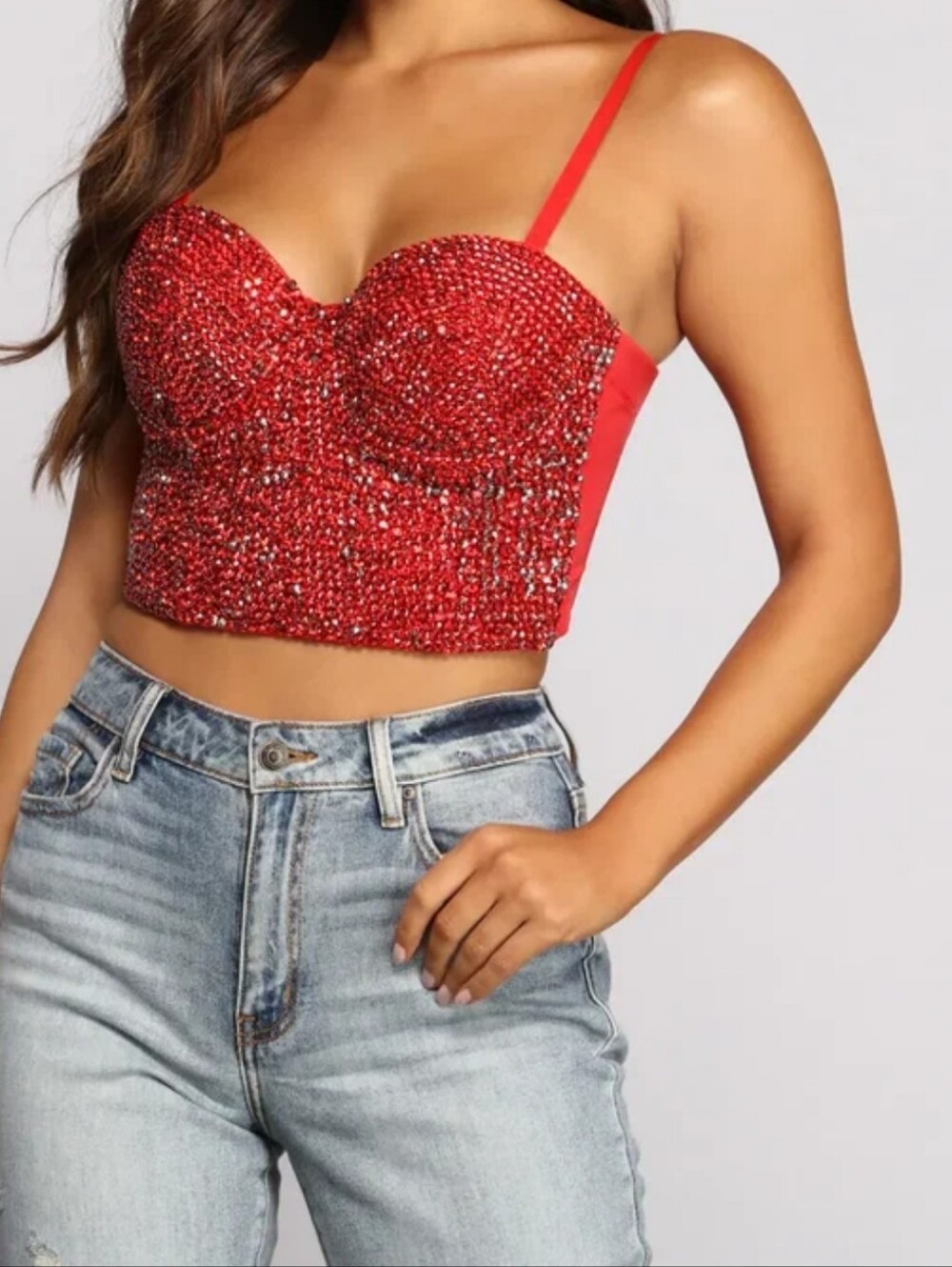 Red Rhinestone Bustier Dress Top - Women
